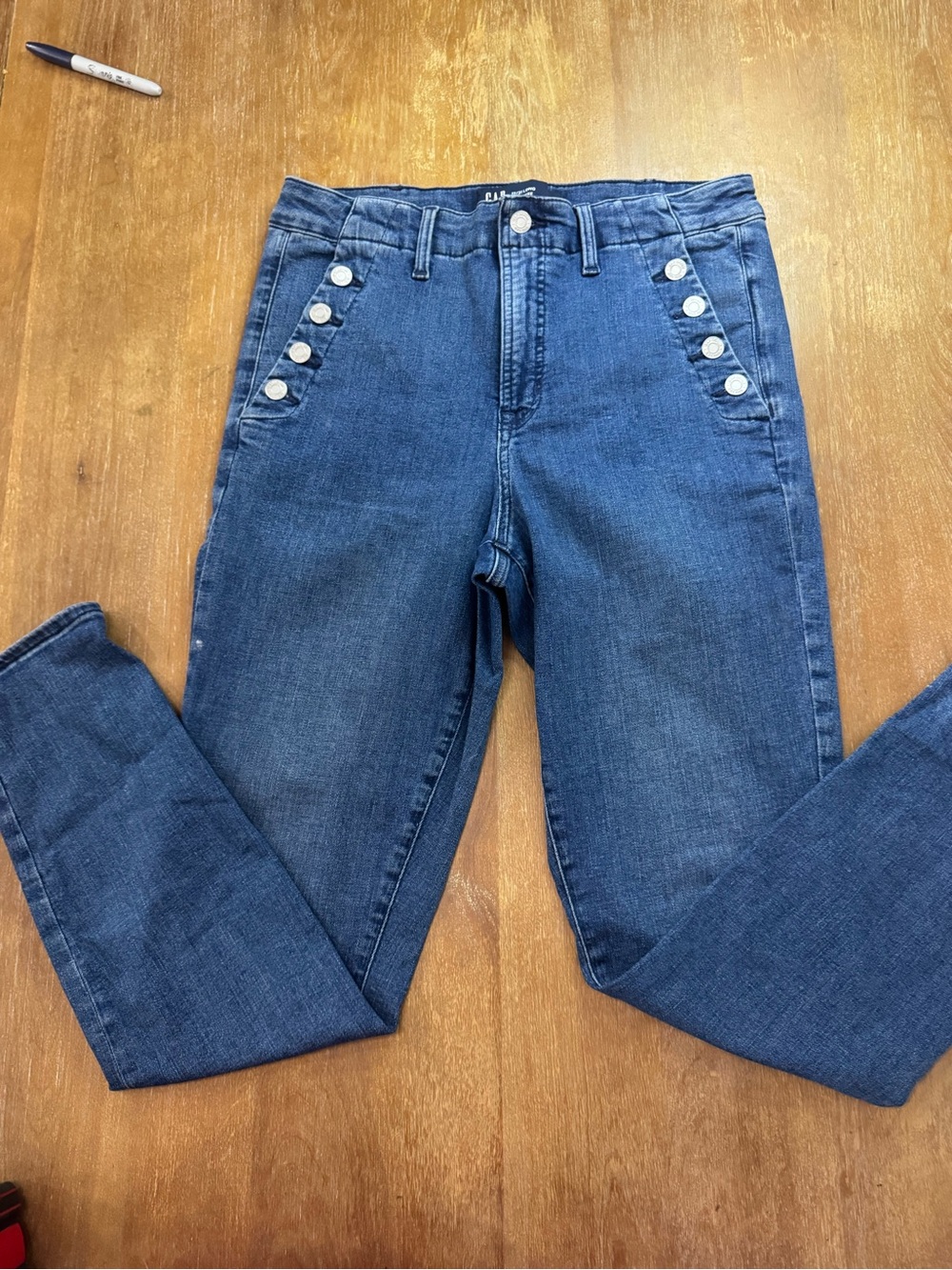 GAP High-Rise Dark Blue Jeans with Silver Button Accent
